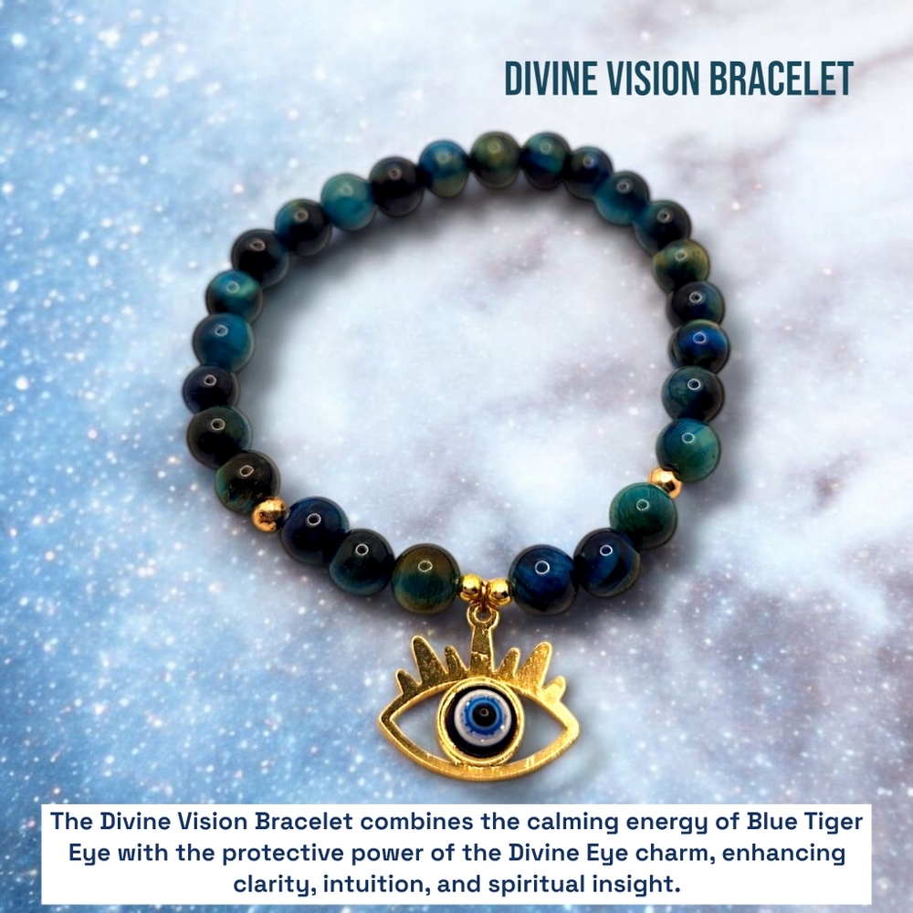 6 mm Blue Tiger Eye Divine Eye charm bracelet